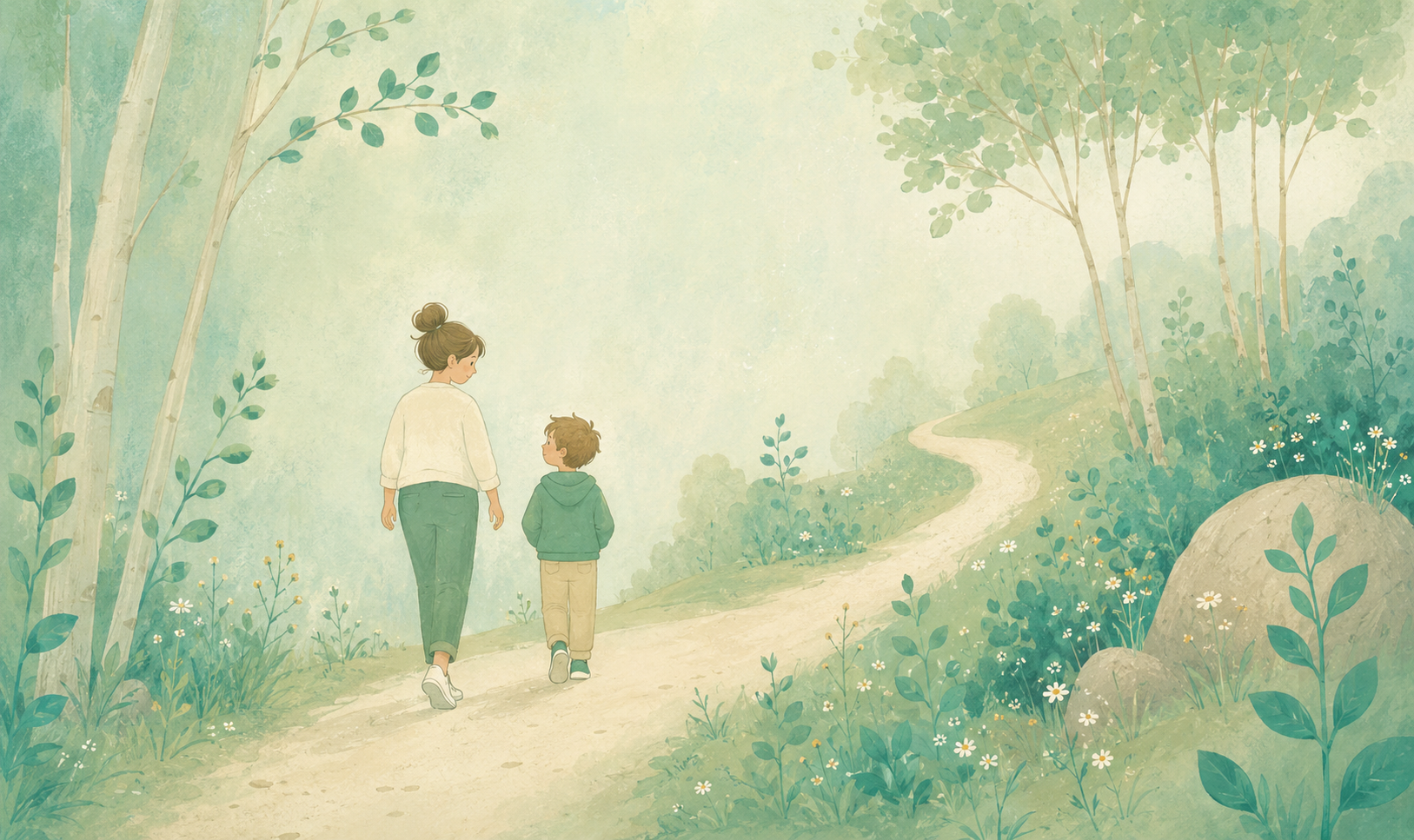 Volwassene en kind wandelen samen over een kronkelend bospad in een zachte, groene illustratiestijl.